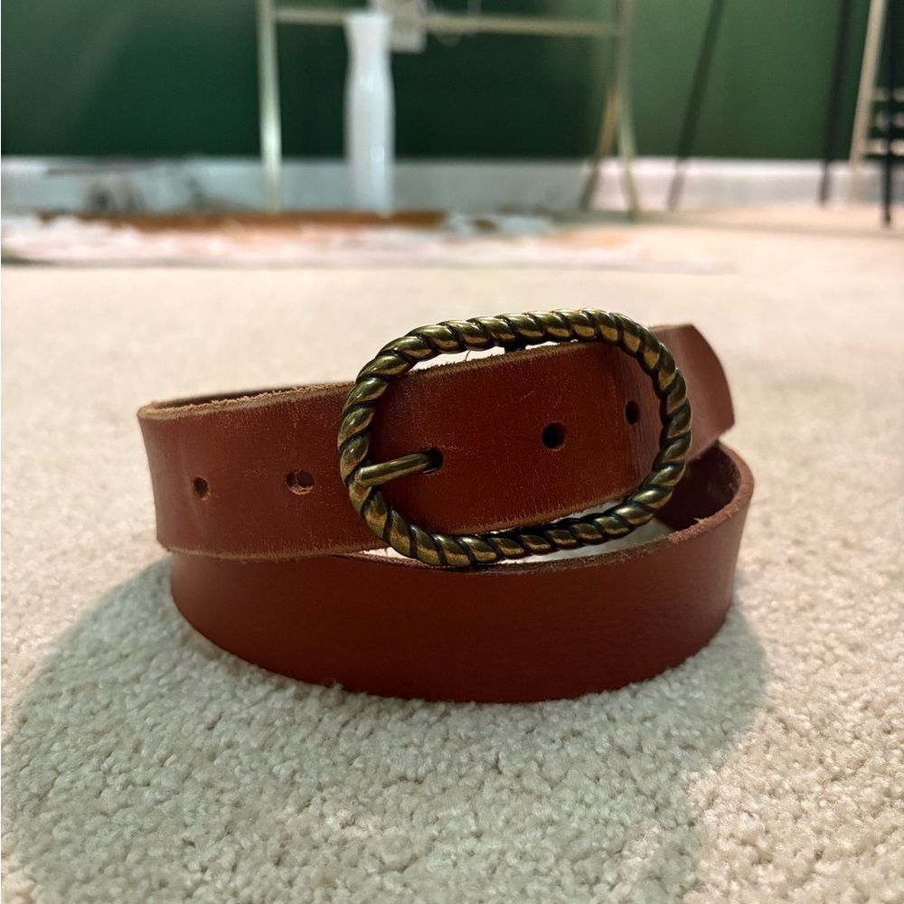 Anthropologie Classic Tan Leather Belt with Twisted Brass Buckle